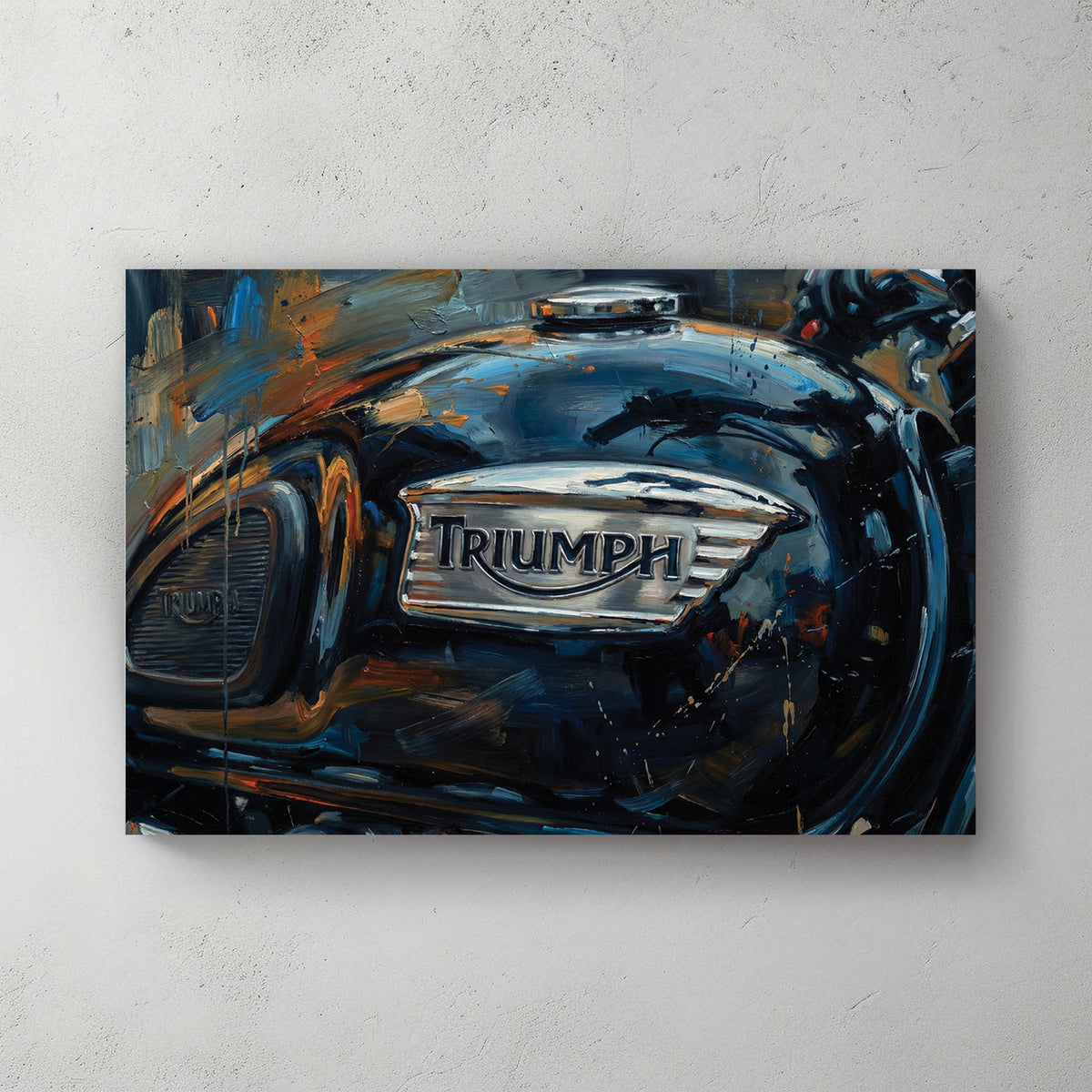 Triumph motorcycle fuel tank close-up, black with chrome badge, oil painting style with bronze and rust tones — canvas wall art print