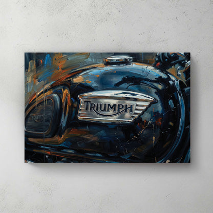 Triumph motorcycle fuel tank close-up, black with chrome badge, oil painting style with bronze and rust tones — canvas wall art print