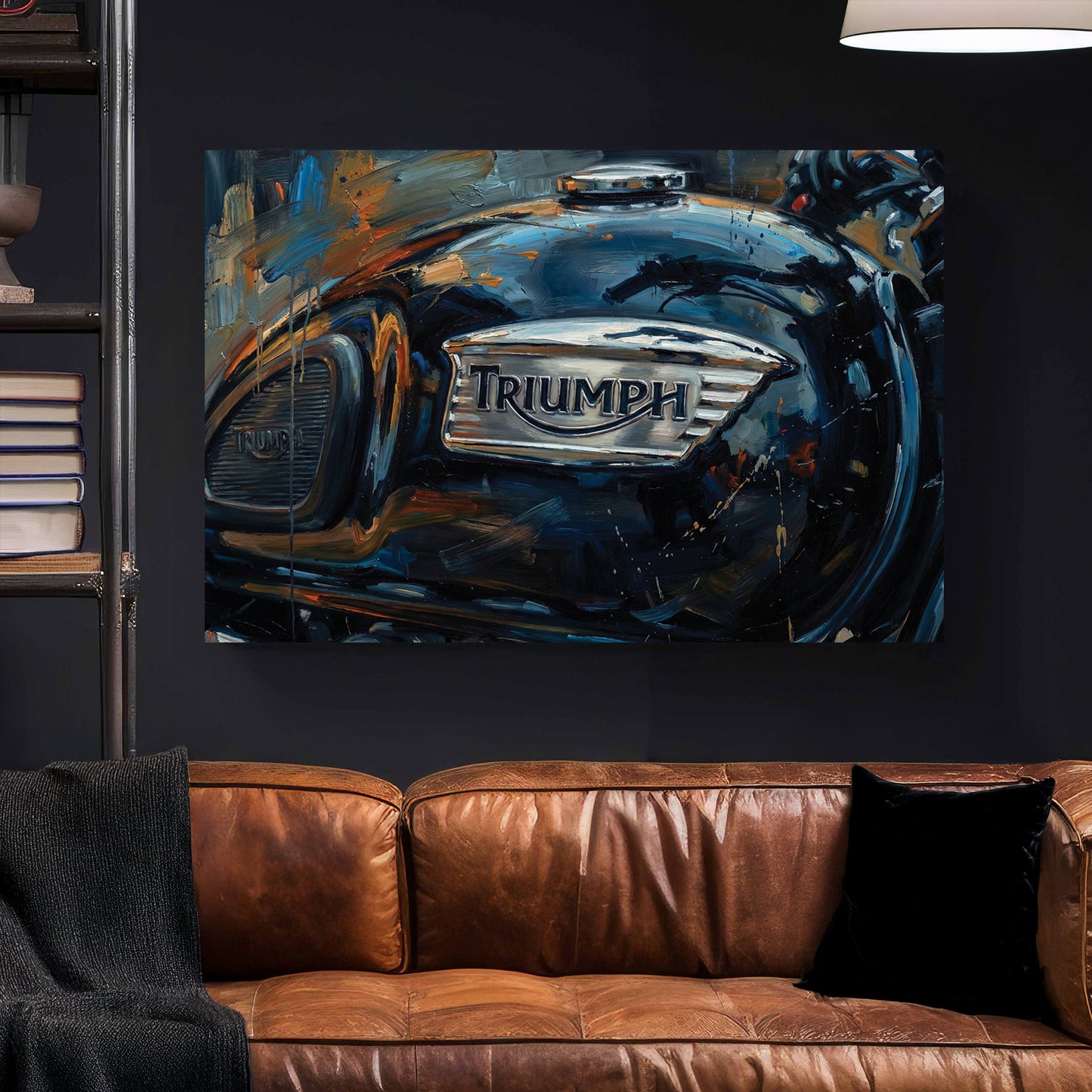 Triumph Motorcycle Fuel Tank Oil Painting canvas wall art print styled in a modern interior