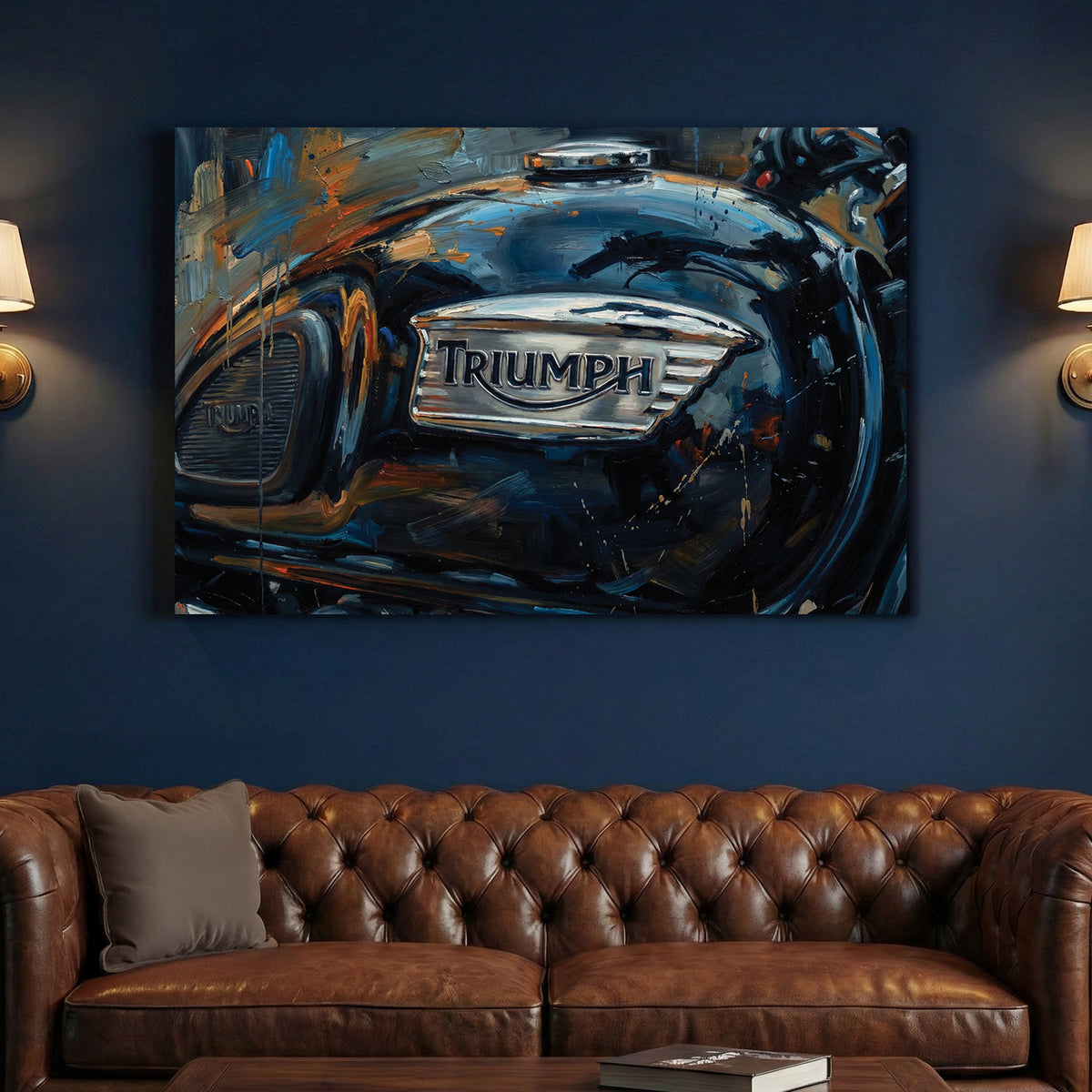 Triumph Motorcycle Fuel Tank Oil Painting canvas wall art print above a sofa in a contemporary living room
