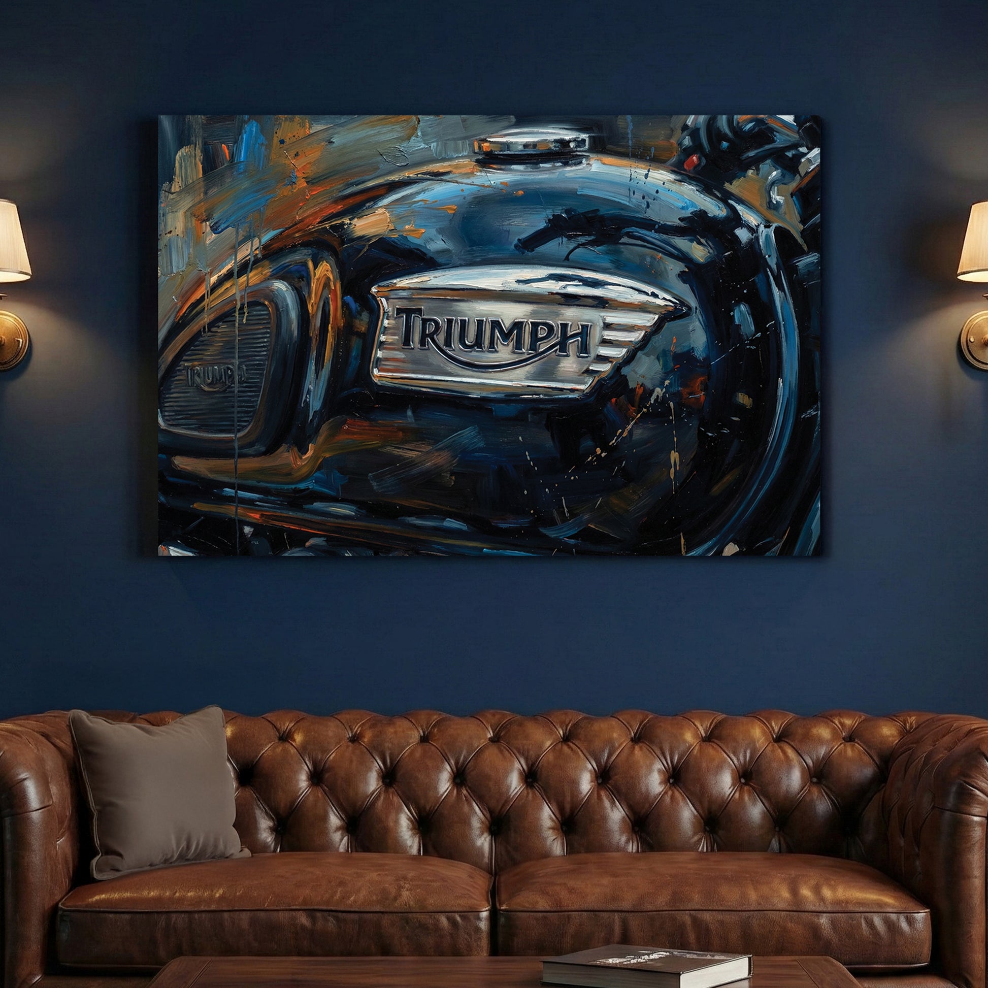 Triumph Motorcycle Fuel Tank Oil Painting canvas wall art print above a sofa in a contemporary living room