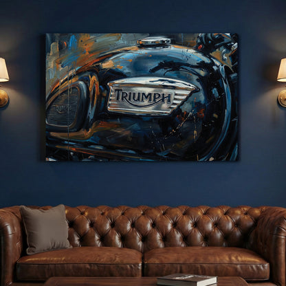 Triumph Motorcycle Fuel Tank Oil Painting canvas wall art print above a sofa in a contemporary living room