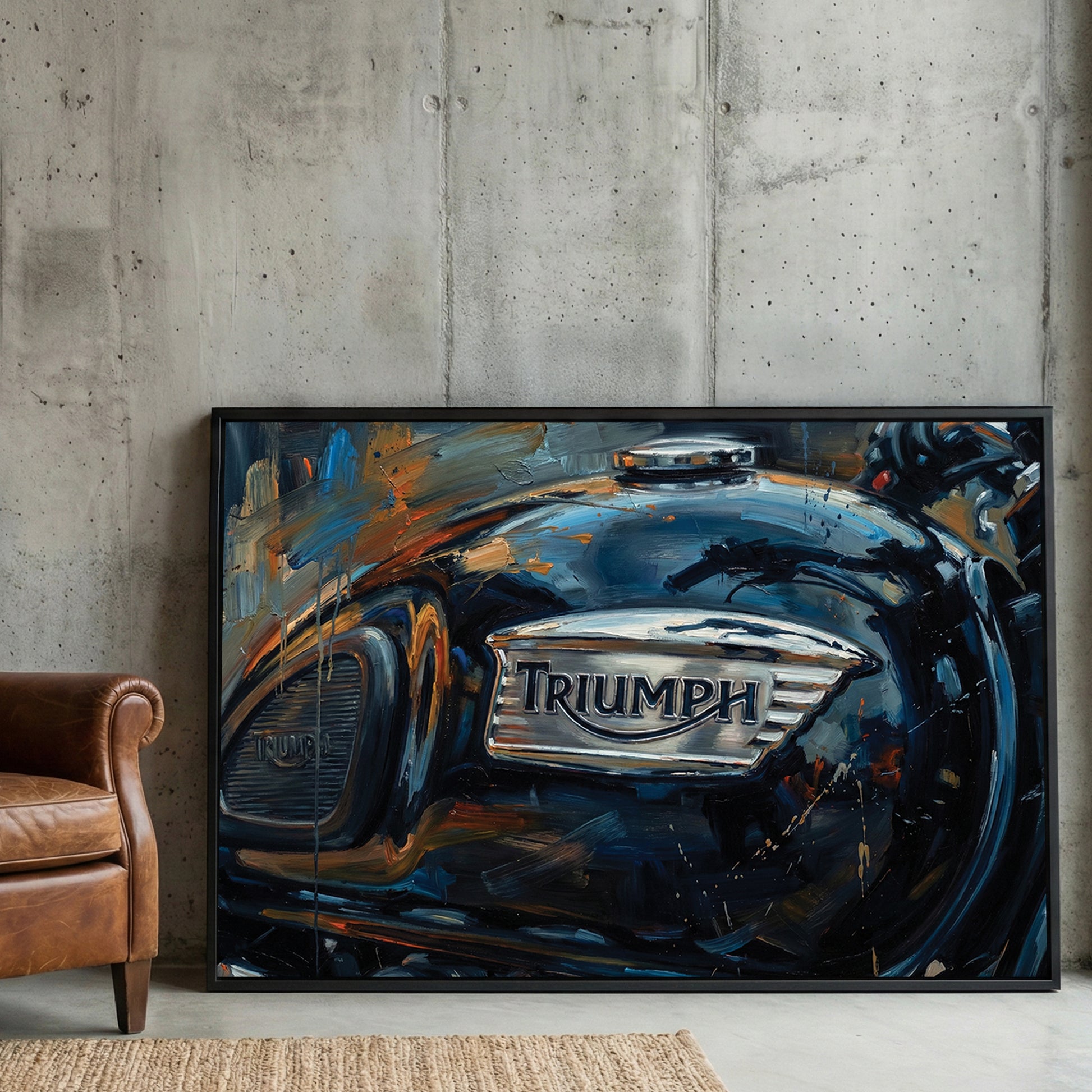 Triumph Motorcycle Fuel Tank Oil Painting framed canvas wall art print in a gallery-style display