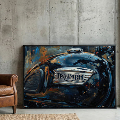 Triumph Motorcycle Fuel Tank Oil Painting framed canvas wall art print in a gallery-style display