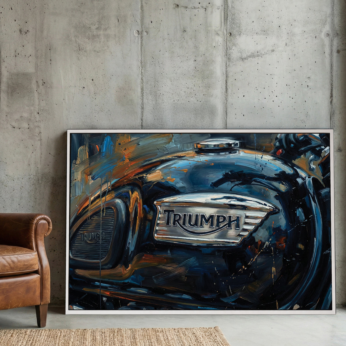 Triumph Motorcycle Fuel Tank Oil Painting canvas wall art print displayed in a styled living room