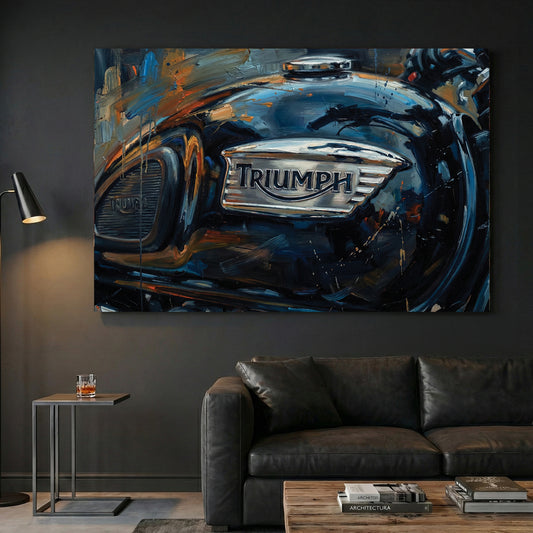 Triumph Motorcycle Fuel Tank Oil Painting canvas wall art print displayed in a styled living room