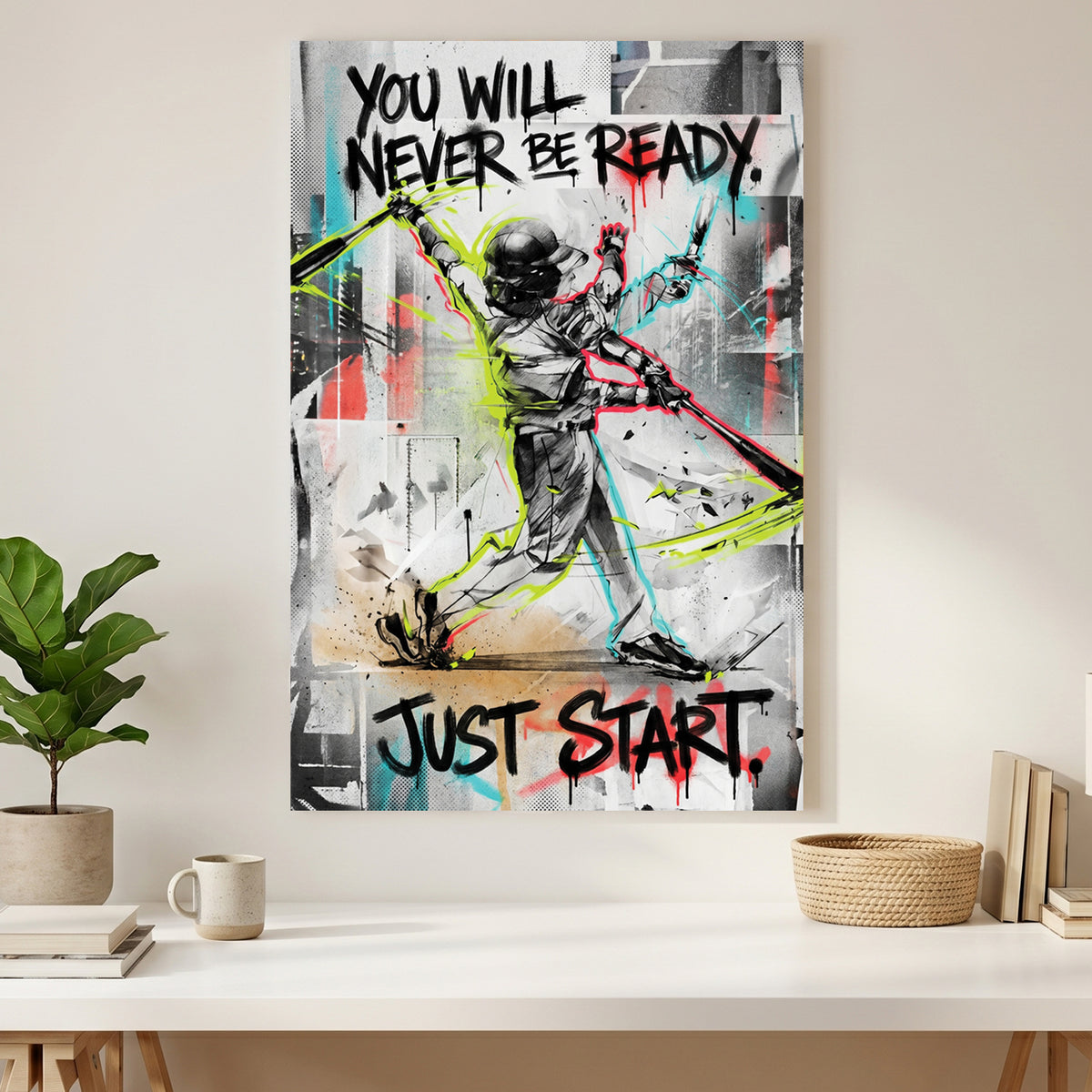 Just Start Motivational Baseball Player canvas wall art print styled in a modern interior