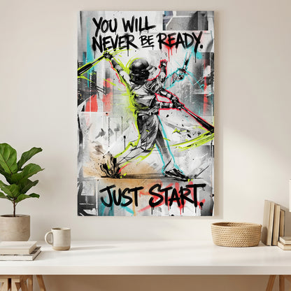 Just Start Motivational Baseball Player canvas wall art print styled in a modern interior