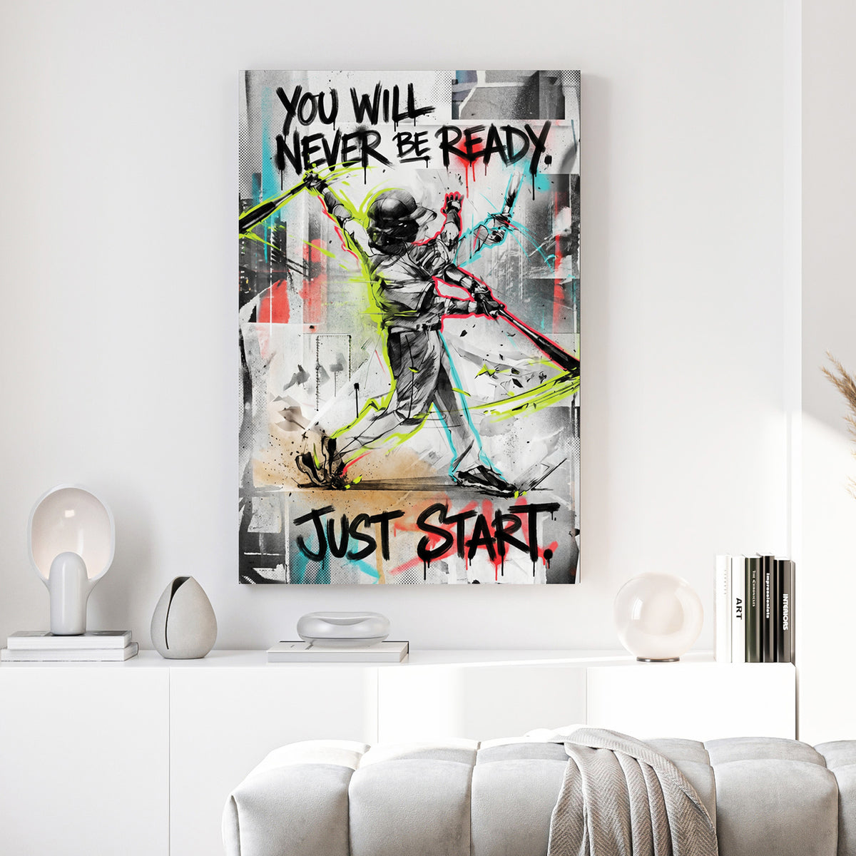 Just Start Motivational Baseball Player canvas wall art print above a sofa in a contemporary living room