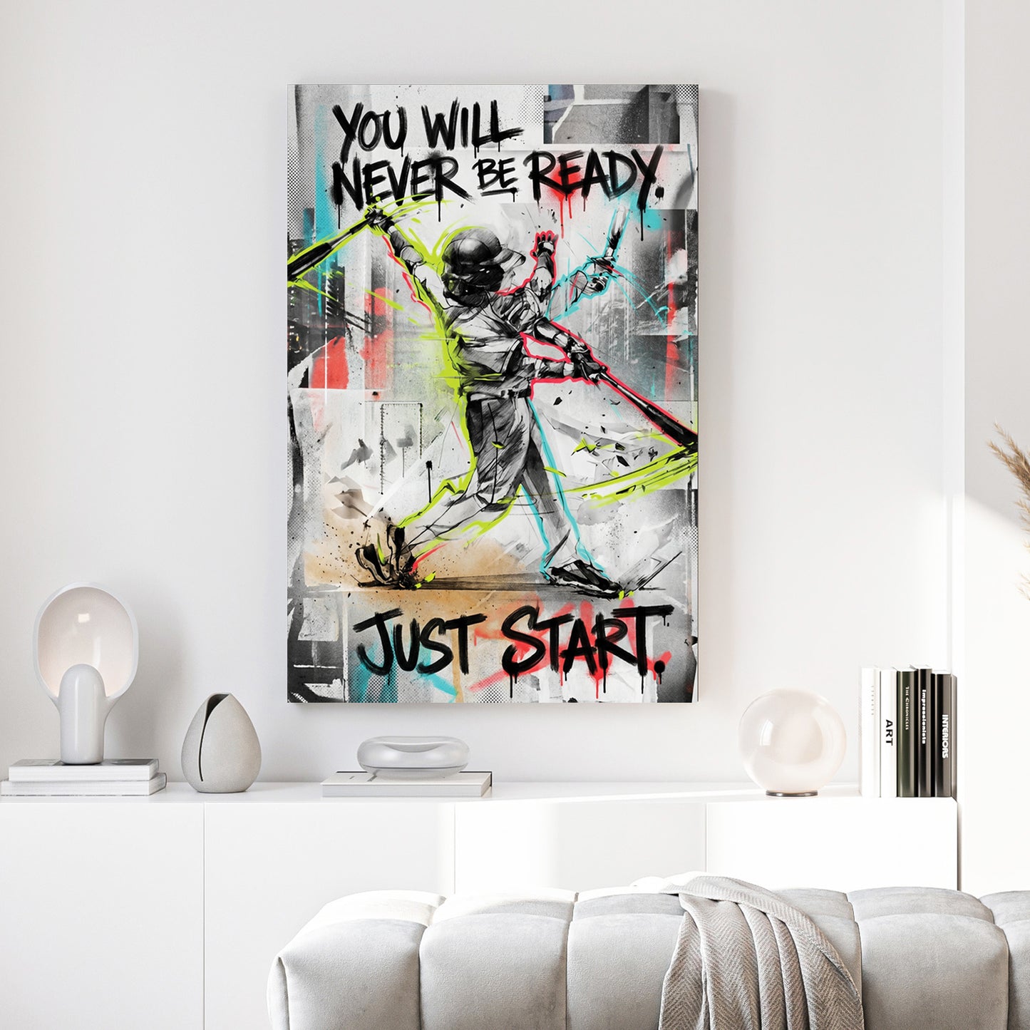 Just Start Motivational Baseball Player canvas wall art print above a sofa in a contemporary living room