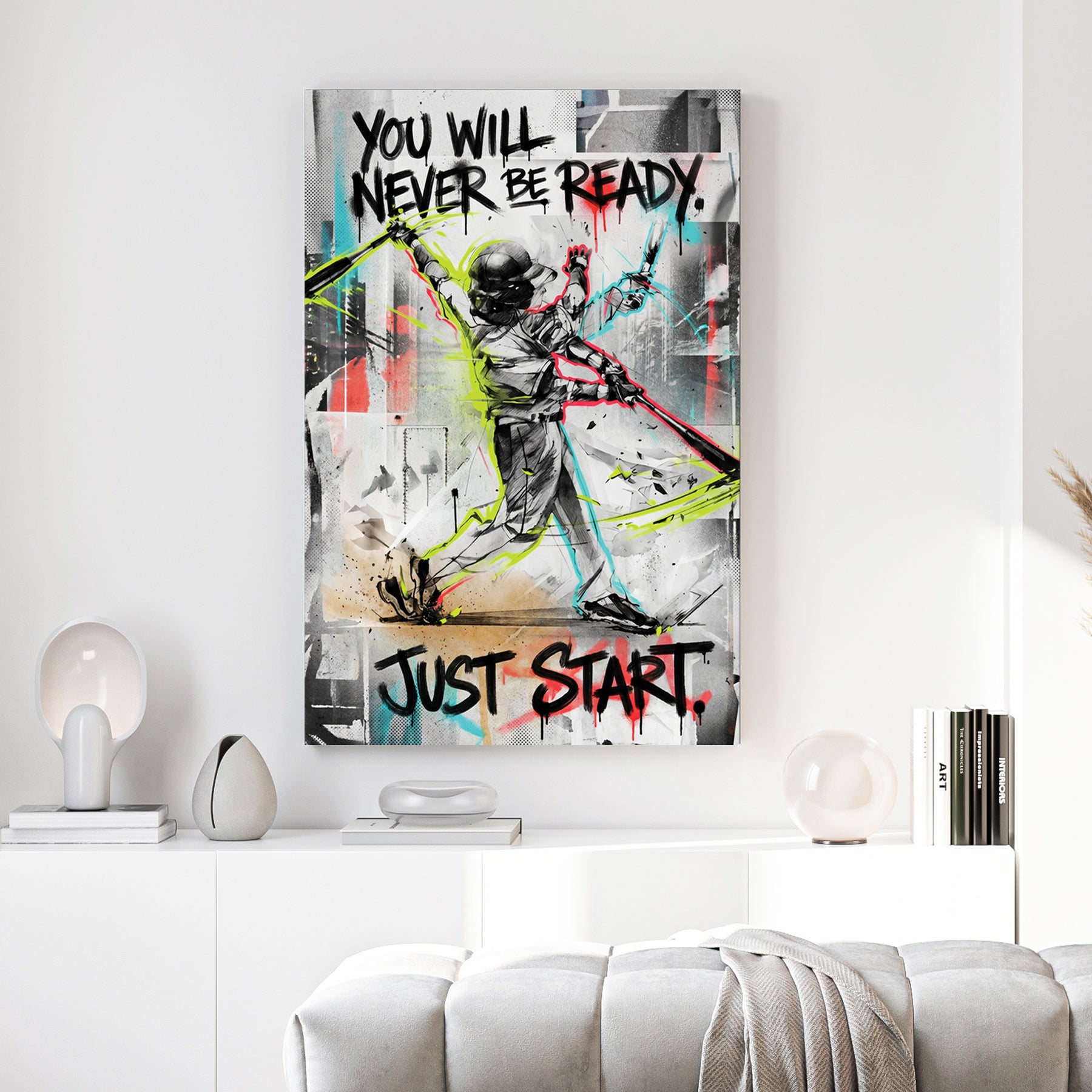 Just Start Motivational Baseball Player canvas wall art print above a sofa in a contemporary living room