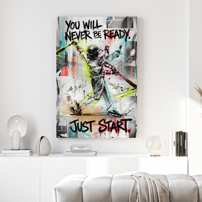Just Start Motivational Baseball Player canvas wall art print above a sofa in a contemporary living room