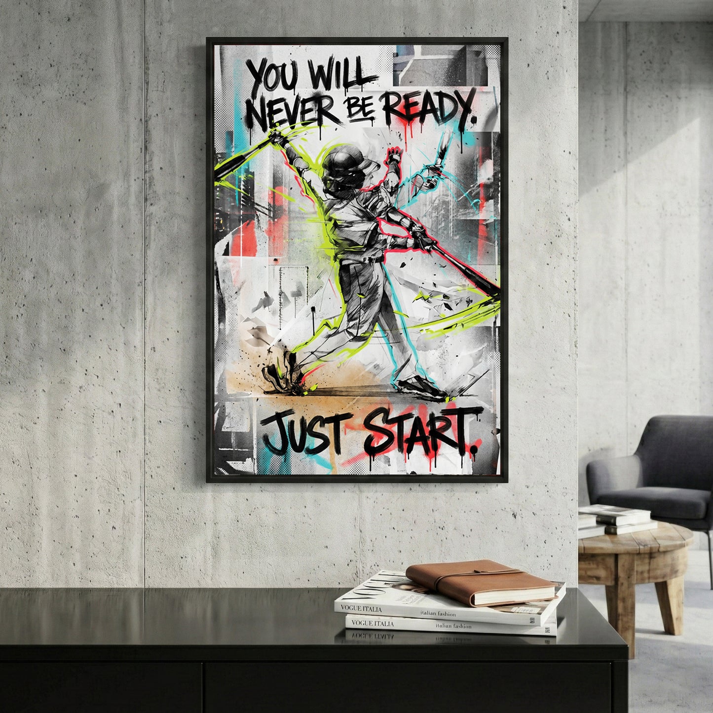 Just Start Motivational Baseball Player framed canvas wall art print in a gallery-style display