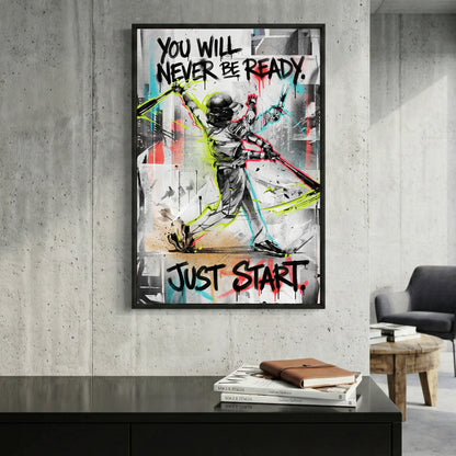 Just Start Motivational Baseball Player framed canvas wall art print in a gallery-style display