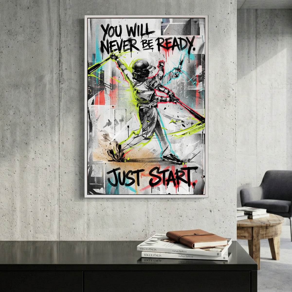 Just Start Motivational Baseball Player canvas wall art print displayed in a styled living room