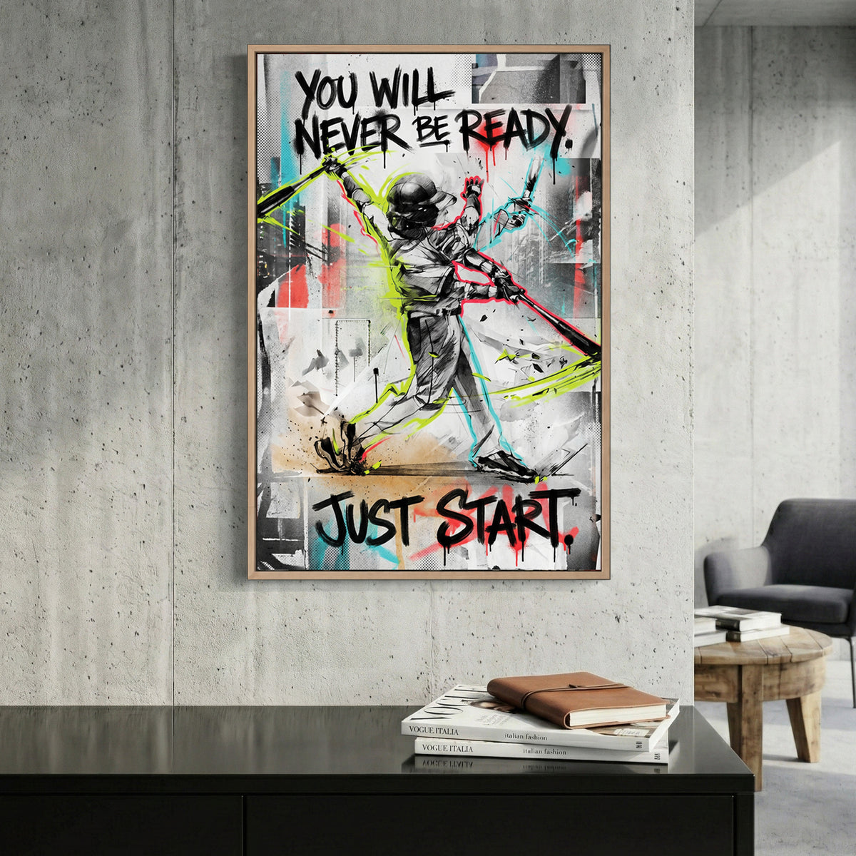 Just Start Motivational Baseball Player canvas wall art print displayed in a styled living room