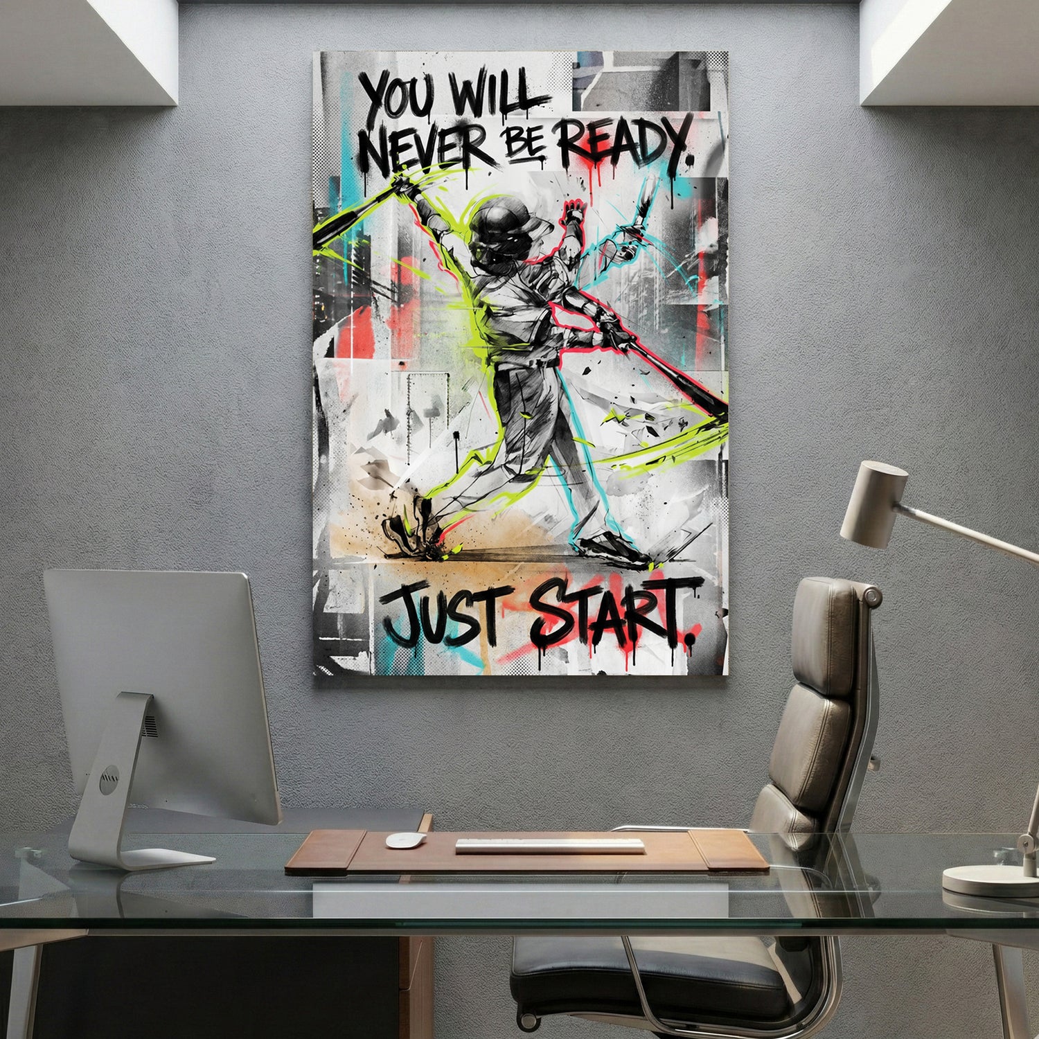 Just Start Motivational Baseball Player canvas wall art print displayed in a styled living room