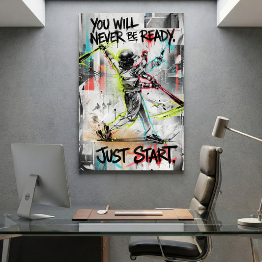 Just Start Motivational Baseball Player canvas wall art print displayed in a styled living room