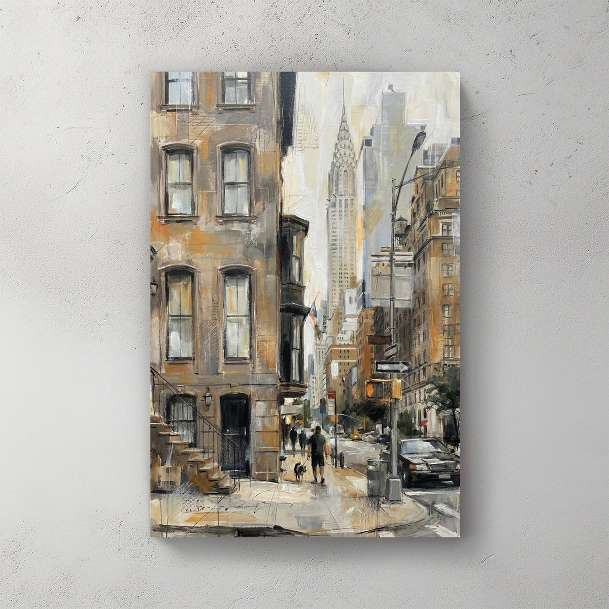 NYC street scene with Chrysler Building in background, oil painting style, ochre and grey palette — canvas wall art print
