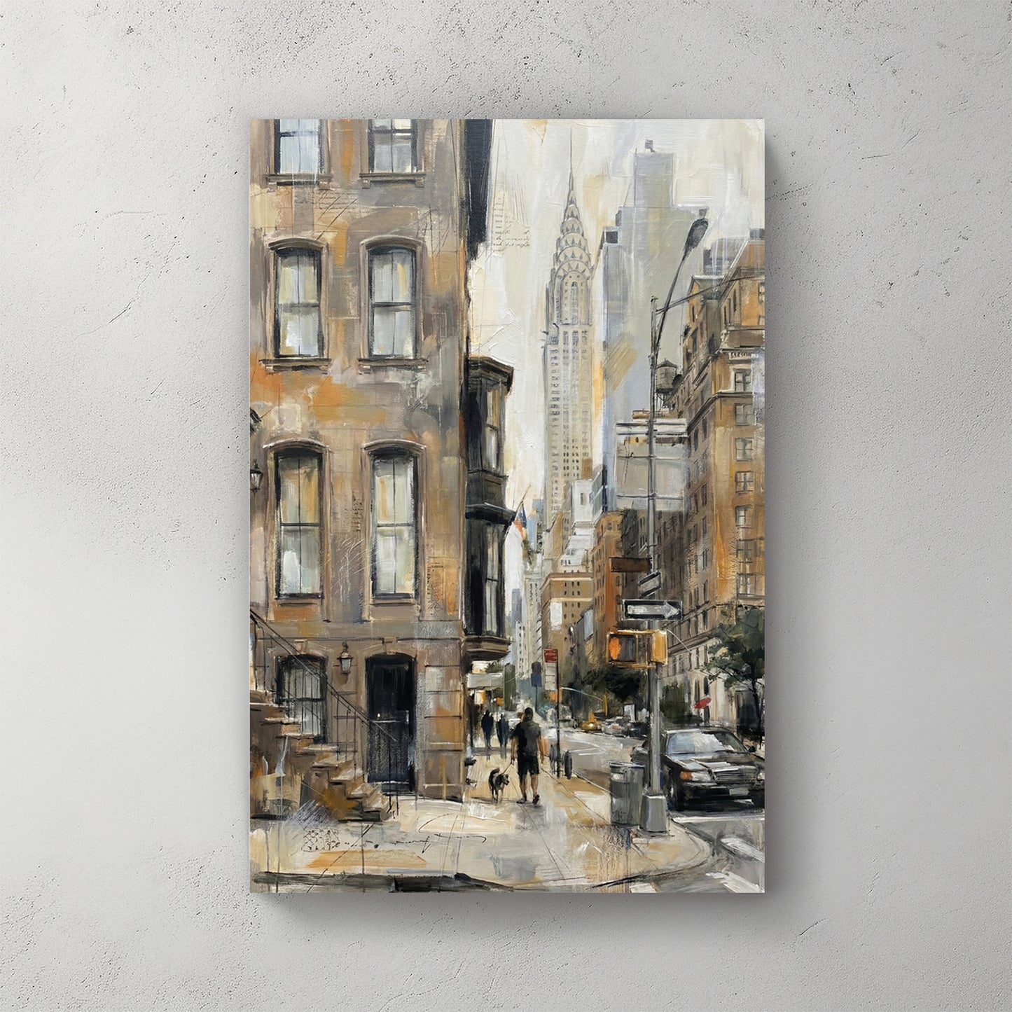NYC street scene with Chrysler Building in background, oil painting style, ochre and grey palette — canvas wall art print