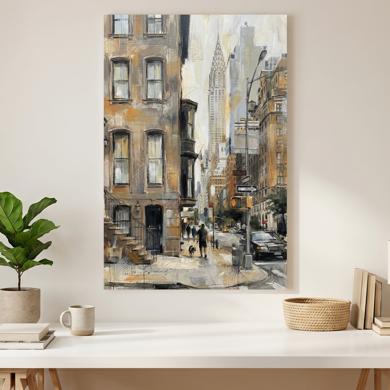 New York Chrysler Building Street Painting canvas wall art print styled in a modern interior
