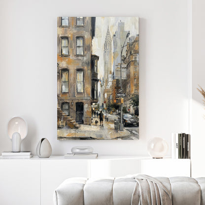 New York Chrysler Building Street Painting canvas wall art print above a sofa in a contemporary living room