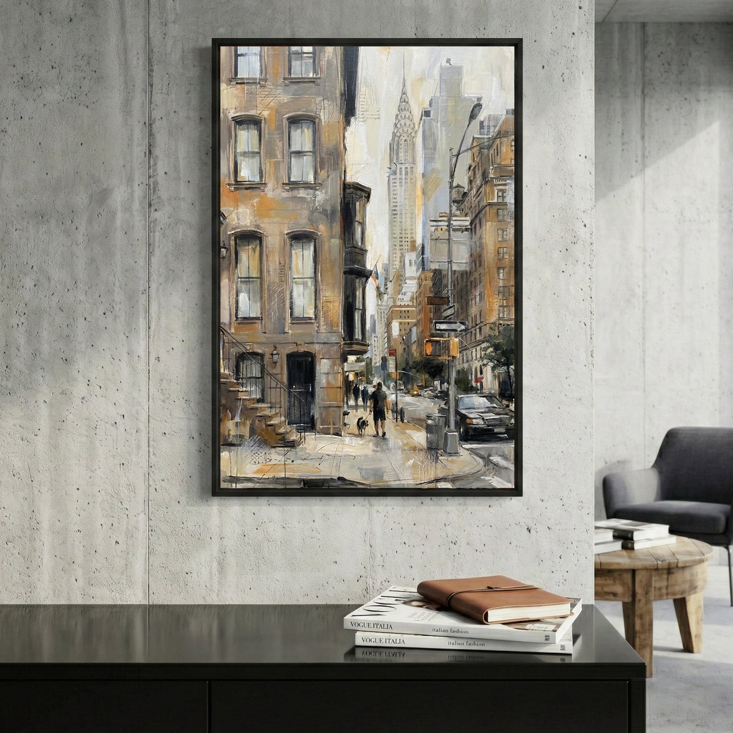 New York Chrysler Building Street Painting framed canvas wall art print in a gallery-style display