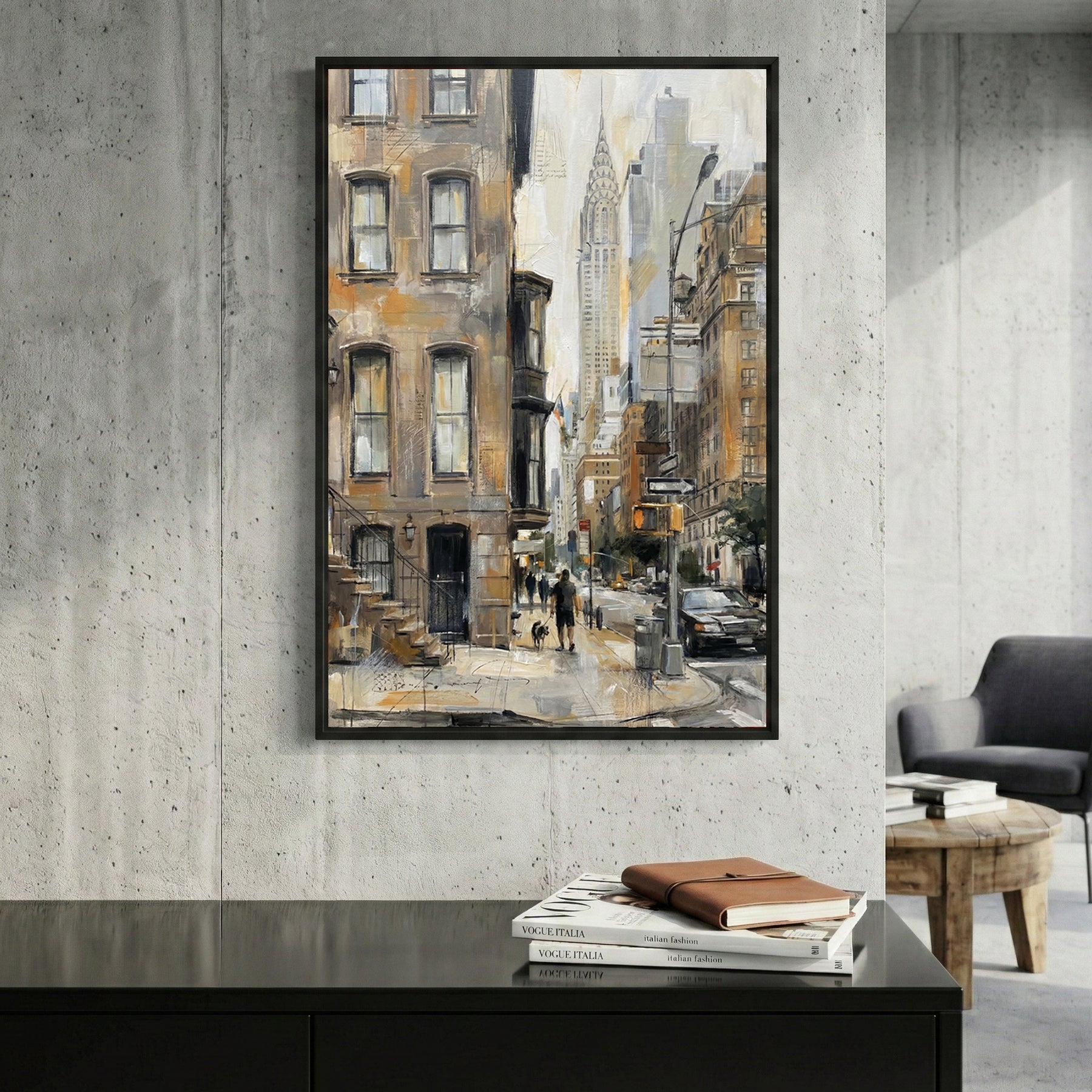 New York Chrysler Building Street Painting framed canvas wall art print in a gallery-style display