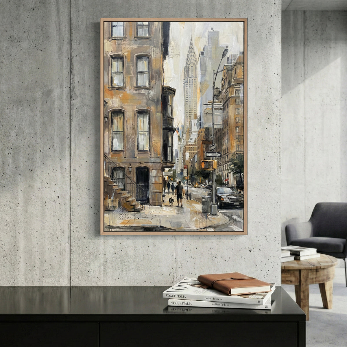 New York Chrysler Building Street Painting canvas wall art print displayed in a styled living room