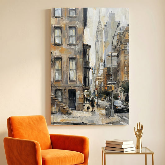New York Chrysler Building Street Painting canvas wall art print displayed in a styled living room