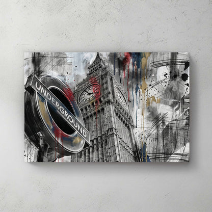 Big Ben tower and London Underground sign in ink and watercolour, red drips, black splatter, white background — canvas wall art print