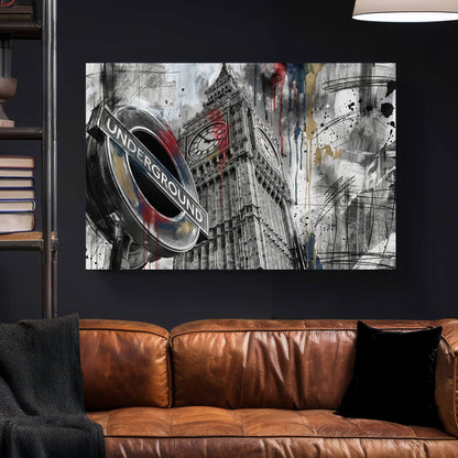London Big Ben Underground Graffiti canvas wall art print styled in a modern interior