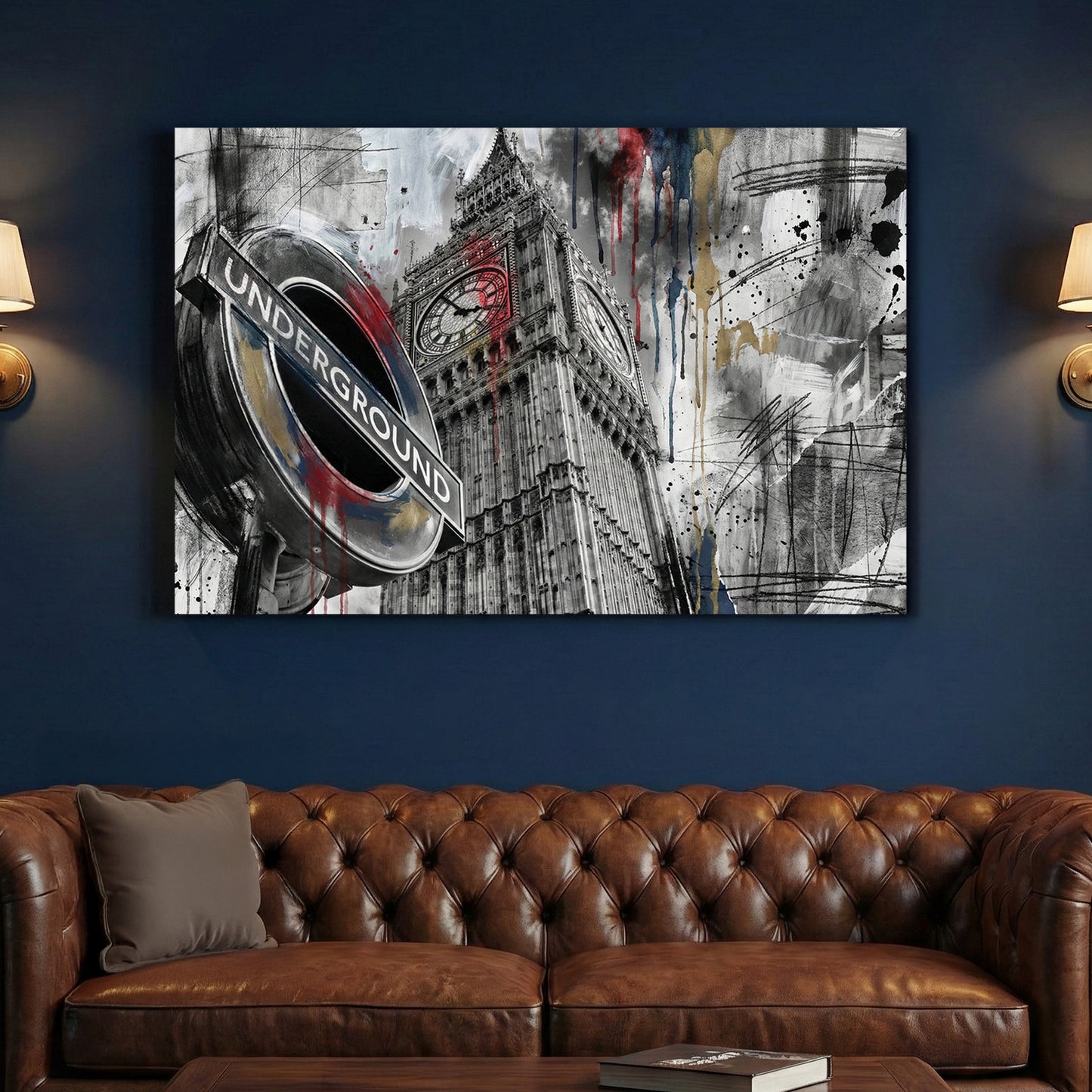 London Big Ben Underground Graffiti canvas wall art print above a sofa in a contemporary living room