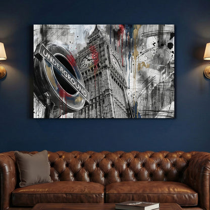London Big Ben Underground Graffiti canvas wall art print above a sofa in a contemporary living room