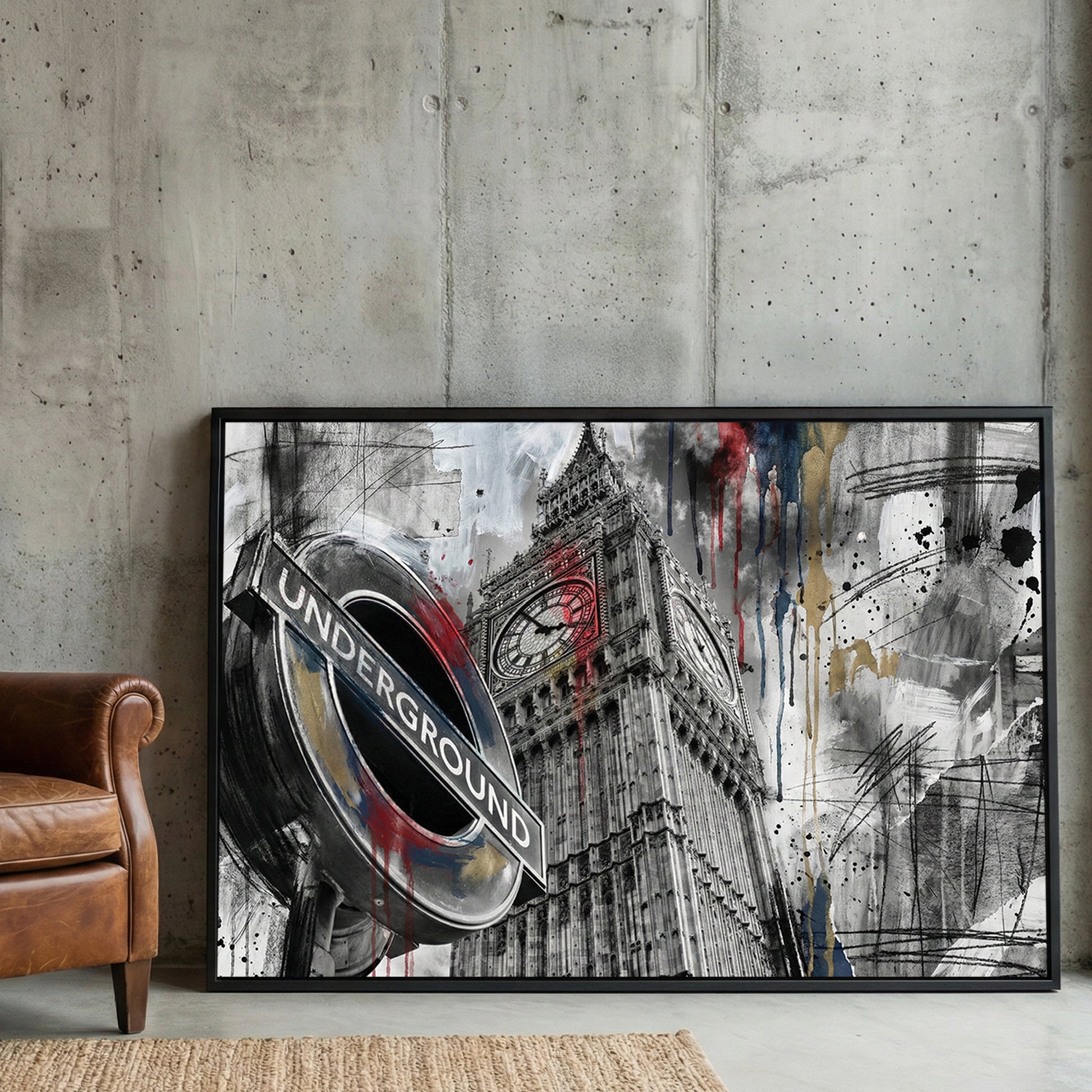 London Big Ben Underground Graffiti framed canvas wall art print in a gallery-style display