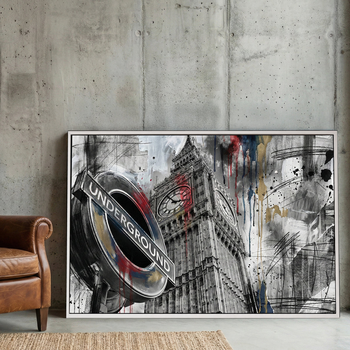 London Big Ben Underground Graffiti canvas wall art print displayed in a styled living room