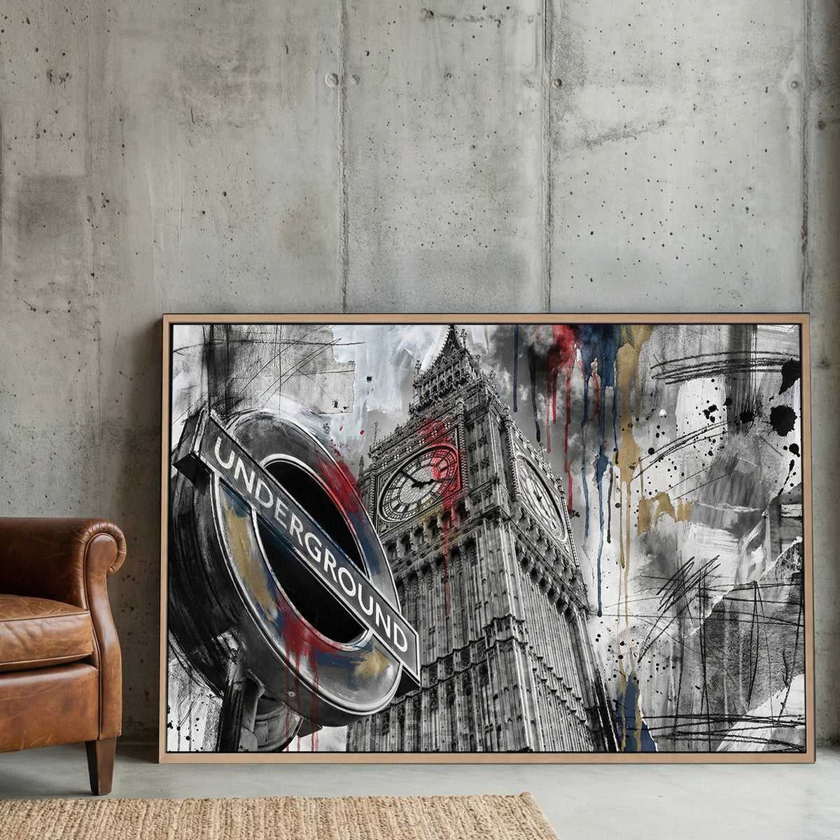 London Big Ben Underground Graffiti canvas wall art print displayed in a styled living room