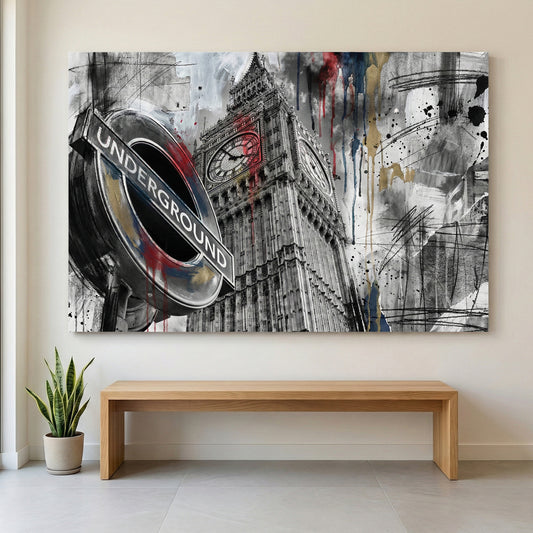 London Big Ben Underground Graffiti canvas wall art print displayed in a styled living room