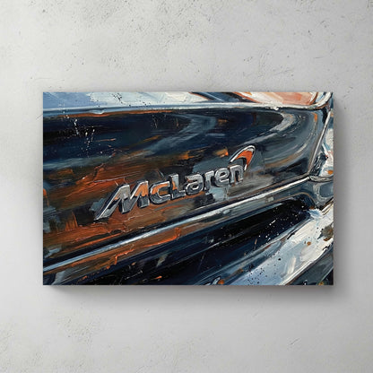 McLaren badge close-up on black car body, oil painting style with thick brushstrokes, orange highlights, glossy bodywork — canvas wall art print