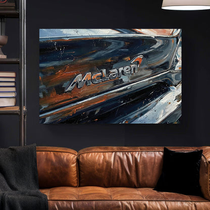 McLaren Supercar Badge Close Up Painting canvas wall art print styled in a modern interior