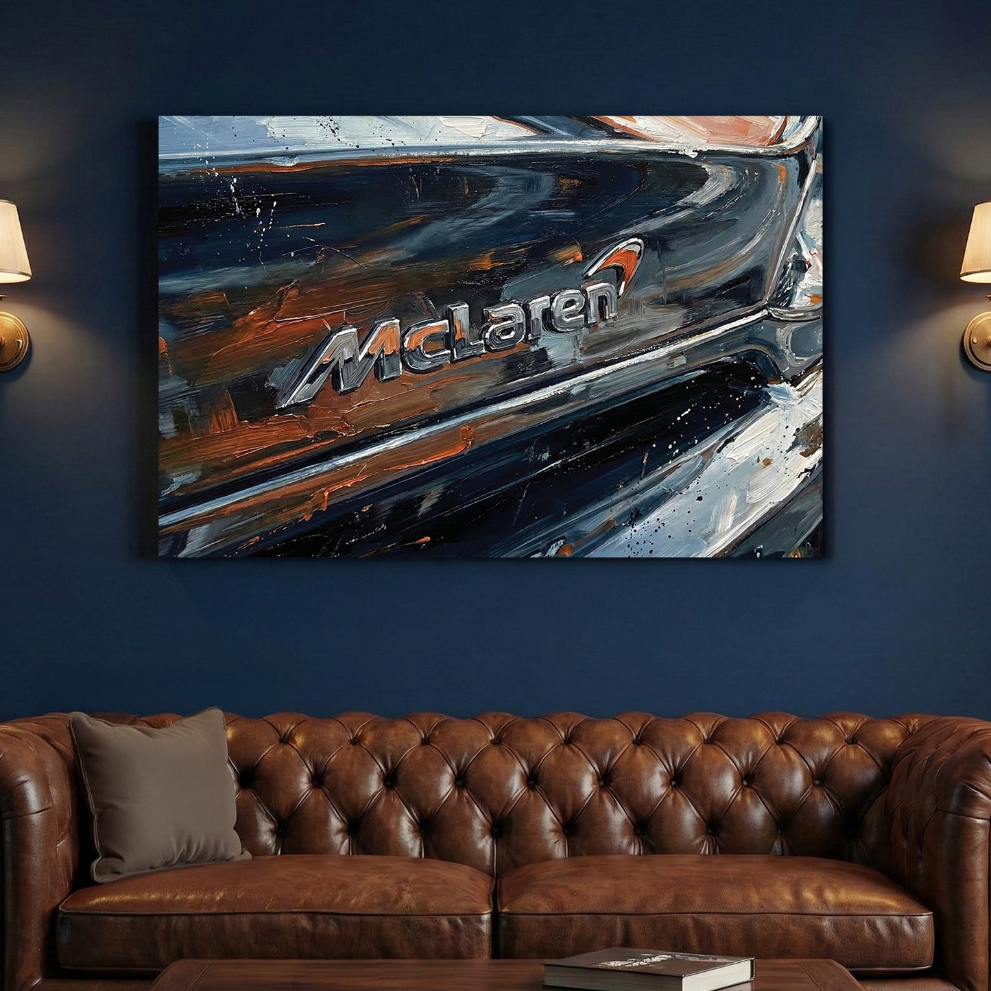 McLaren Supercar Badge Close Up Painting canvas wall art print above a sofa in a contemporary living room