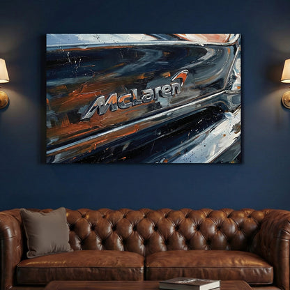 McLaren Supercar Badge Close Up Painting canvas wall art print above a sofa in a contemporary living room