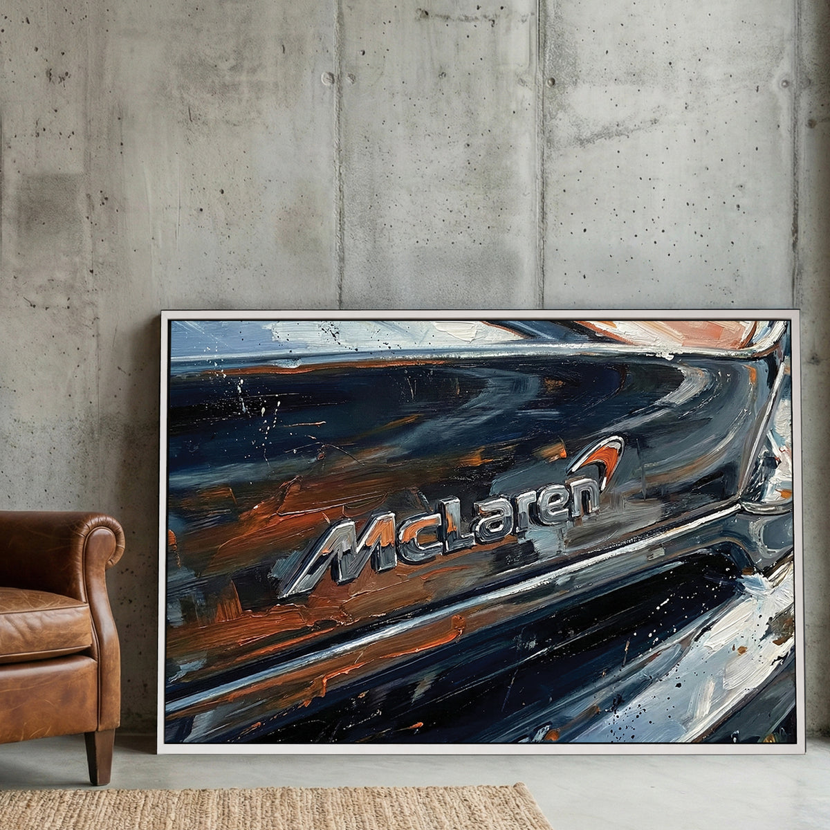 McLaren Supercar Badge Close Up Painting canvas wall art print displayed in a styled living room