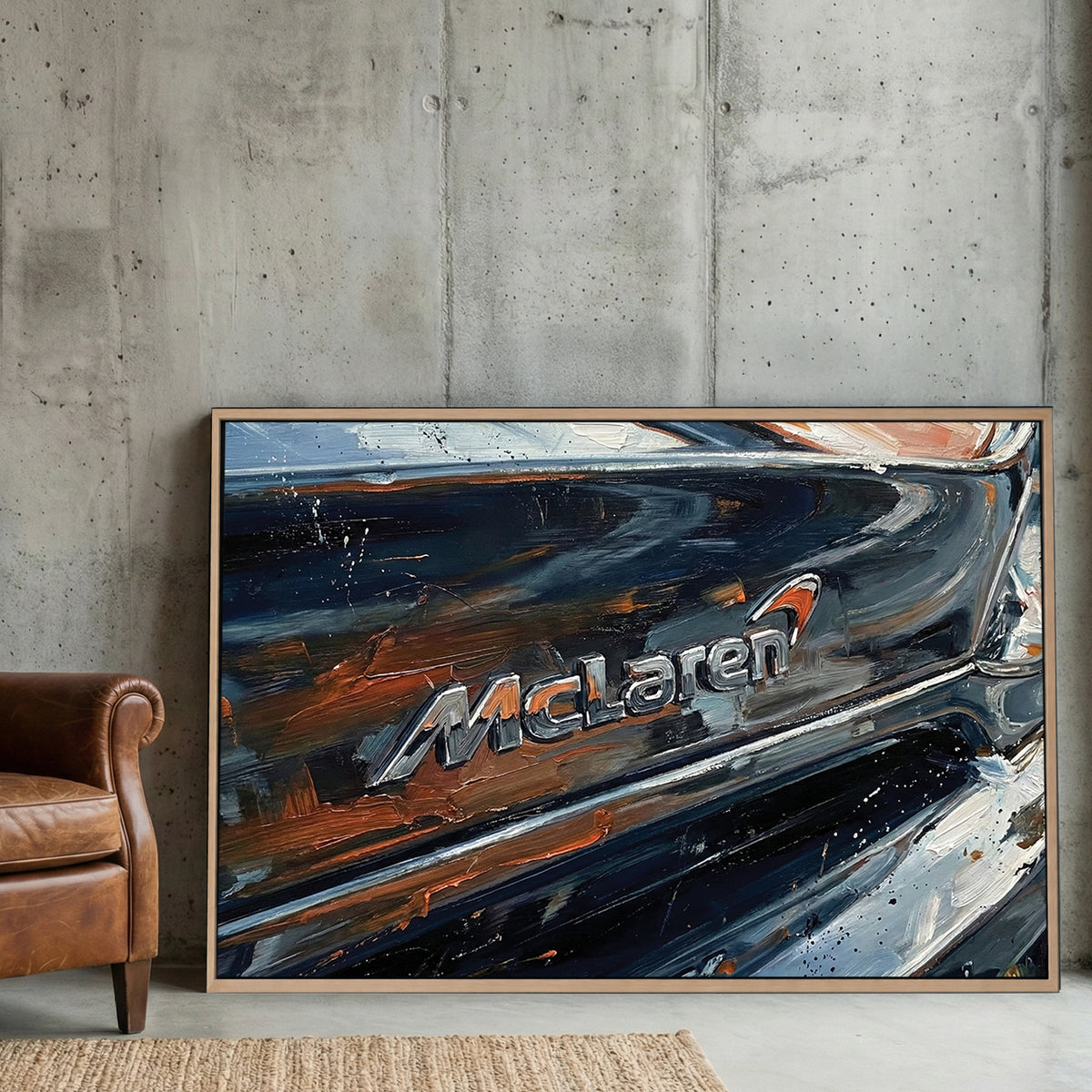 McLaren Supercar Badge Close Up Painting canvas wall art print displayed in a styled living room