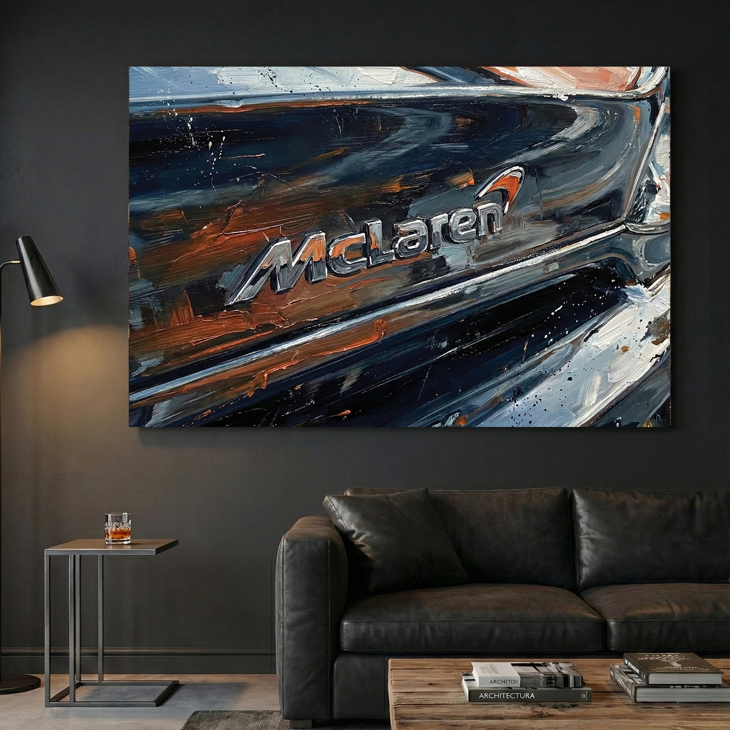 McLaren Supercar Badge Close Up Painting canvas wall art print displayed in a styled living room