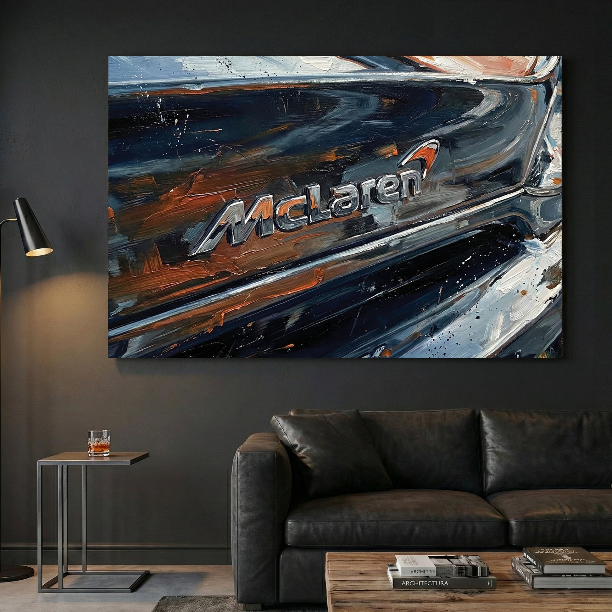 McLaren Supercar Badge Close Up Painting canvas wall art print displayed in a styled living room