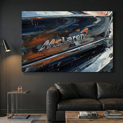 McLaren Supercar Badge Close Up Painting canvas wall art print displayed in a styled living room
