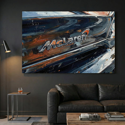 McLaren Supercar Badge Close Up Painting canvas wall art print displayed in a styled living room