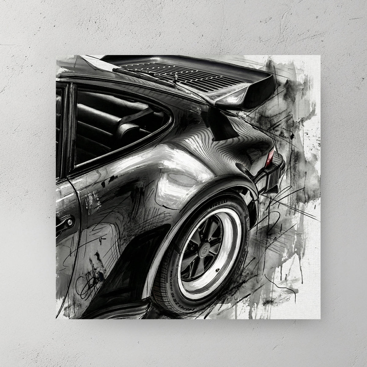 Rear quarter view of black Porsche 911 with rear wing, wide tires, deep monochrome paint, charcoal sketch scribbles trailing off the right side, white background — canvas wall art print