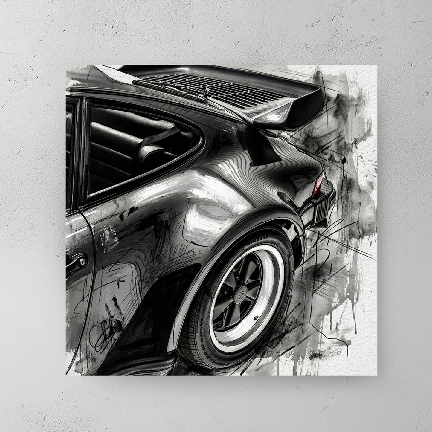 Rear quarter view of black Porsche 911 with rear wing, wide tires, deep monochrome paint, charcoal sketch scribbles trailing off the right side, white background — canvas wall art print